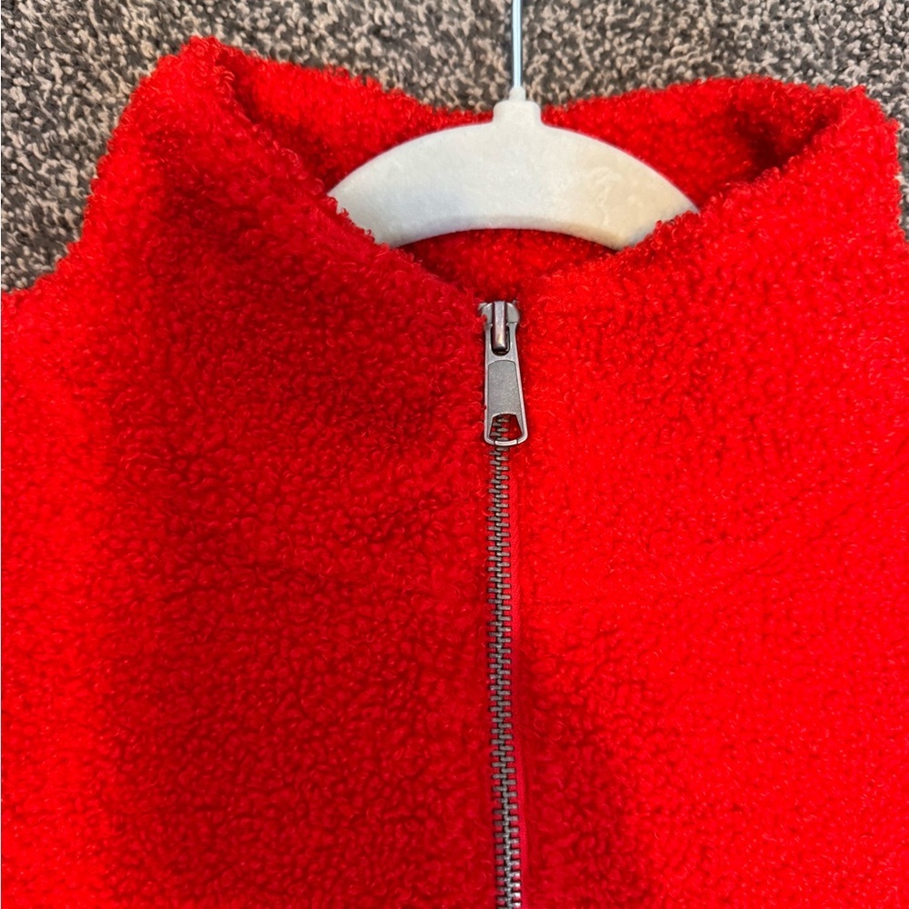 LOFT Vibrant Red Fleece Sherpa Pullover Quarter Zip Size Small Petite - Picture 12 of 12